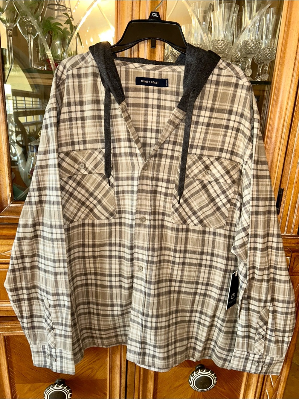 Trinity Hooded Plaid Shirt Jacket in Beige and Charcoal